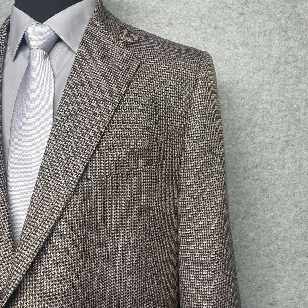 Joseph Abboud Silk Wool Blazer 46R Brown Blue Micro Houndstooth Check Tweed USA